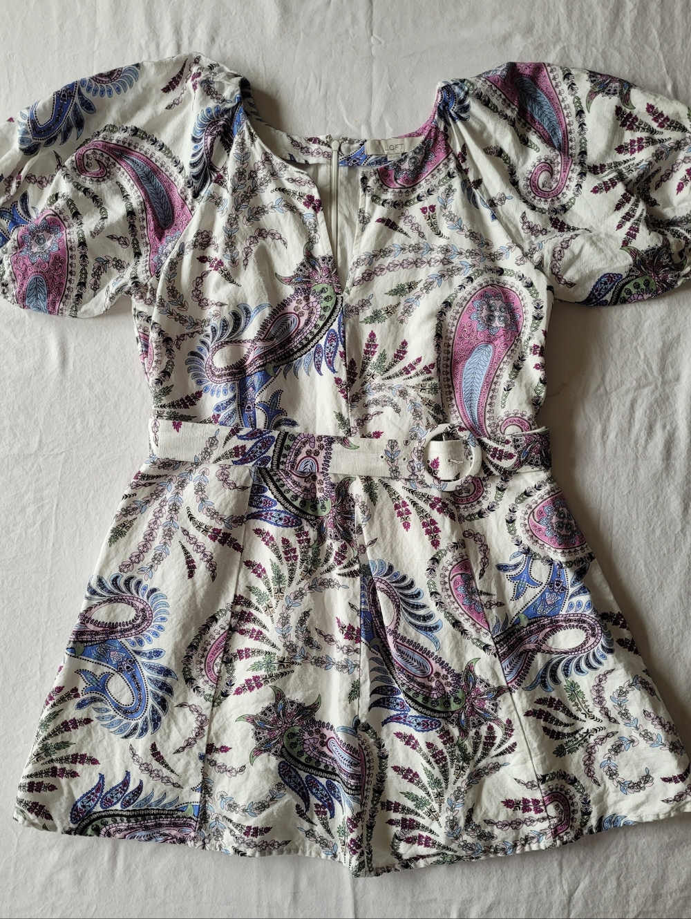 LOFT Women's  Paisley Linen Blend Puffed Sleeve Belted Dress Petite Size 12P